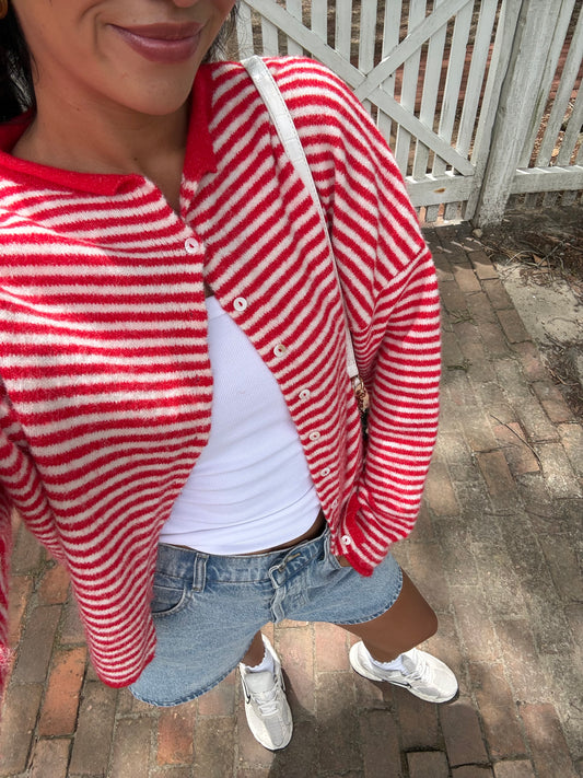 Butterfly Effect Cardigan- White/Red Stripe