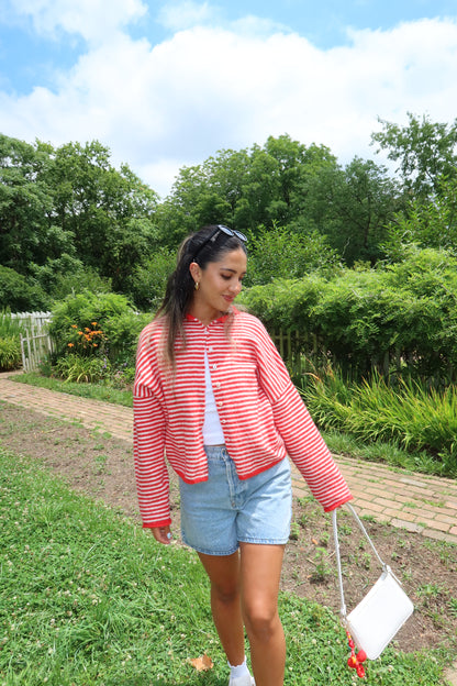 Butterfly Effect Cardigan- White/Red Stripe