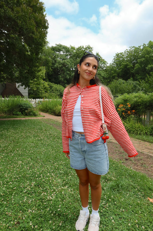 Butterfly Effect Cardigan- White/Red Stripe